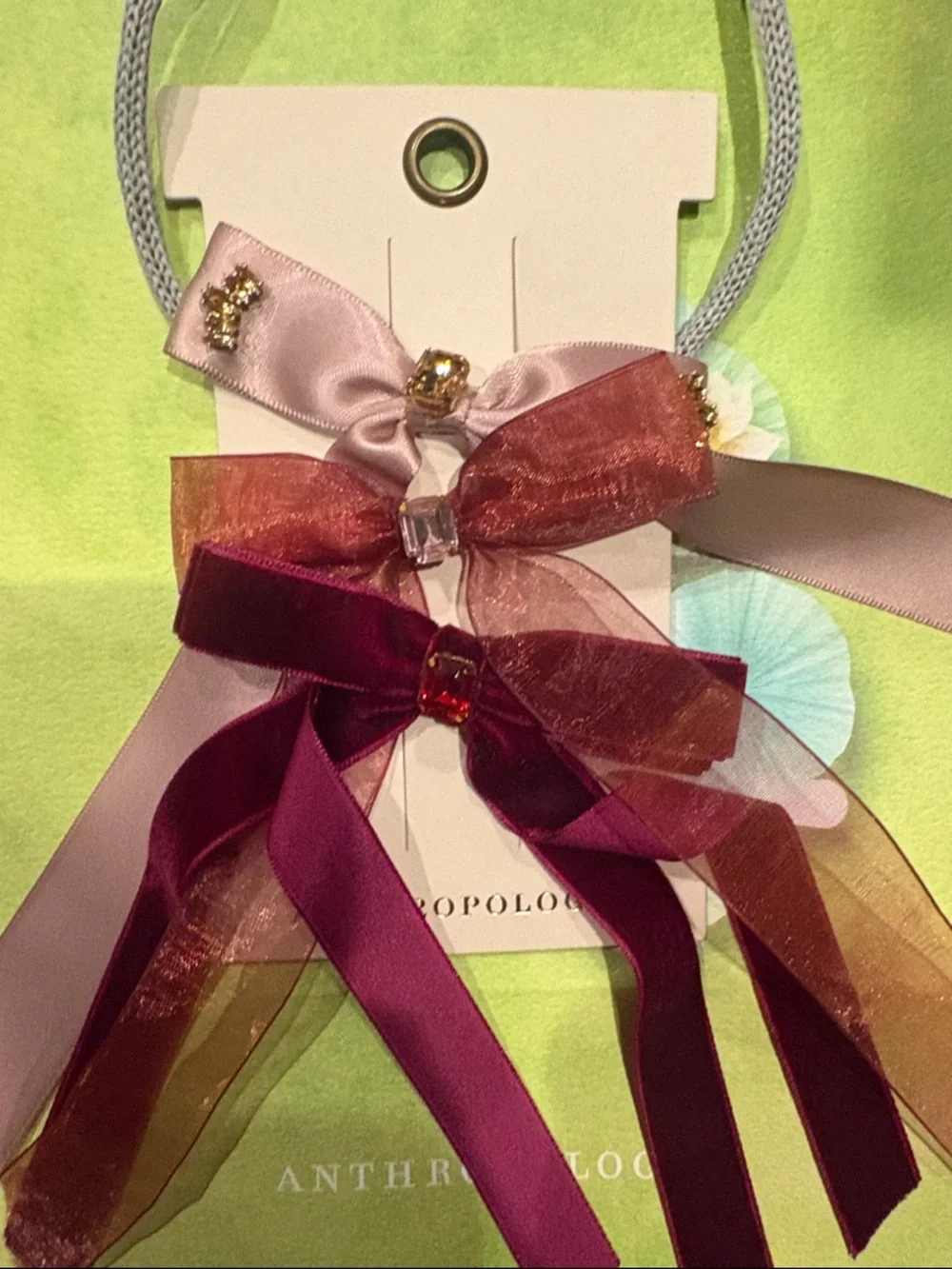 Anthropologie Gemstone Bow Hair Clips in Burgundy, Blush & Rose